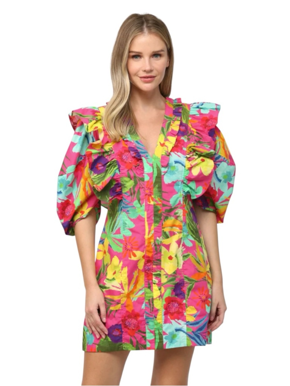 Fate Hot Pink Tropical Dramatic Sleeve Dress